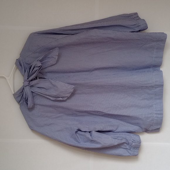 Thomas Mason for J. Crew Back Tie Mock Neck Blue Stripe Long Sleeve Shirt 12 - Picture 4 of 10